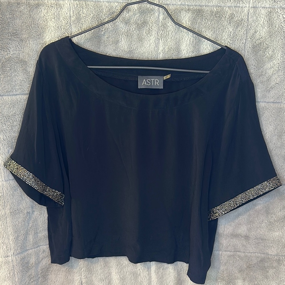 Astr Black Silk with Bead Cuffed Sleeve Crop Blouse